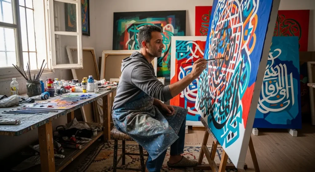 Artiste marocain contemporain travaillant dans son atelier entouré de toiles géométriques
