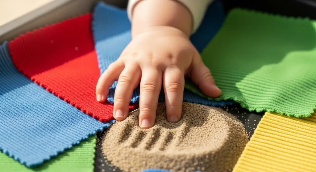 Bébé explorant un bac sensoriel avec textures et sable coloré