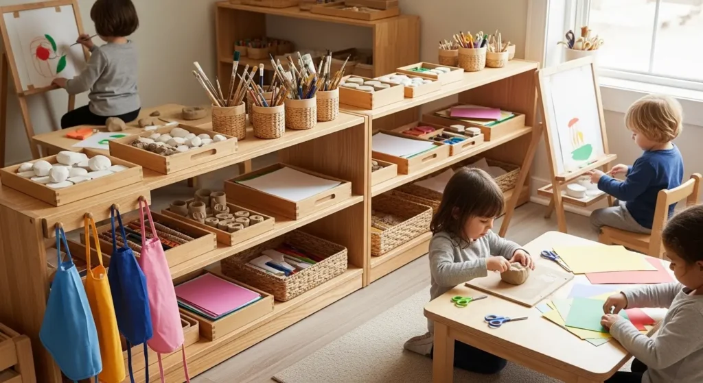 Coin art Montessori organisé avec étagères basses et matériel artistique accessible en autonomie par les enfants