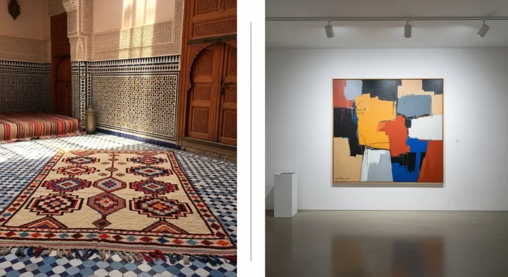 Comparaison entre tapis berbère artisanal et œuvre d'art contemporain marocain en galerie
