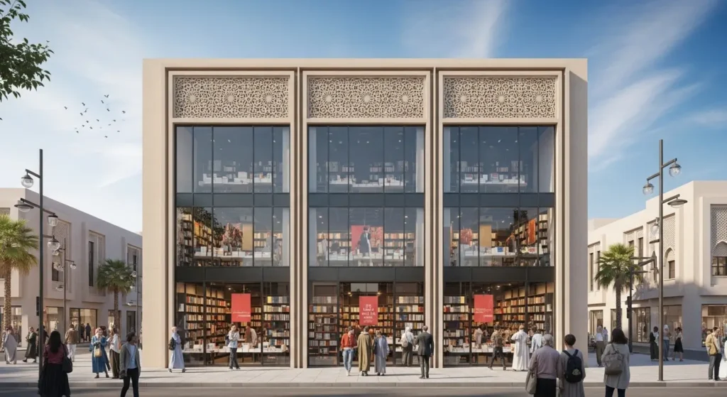 Devanture de librairie moderne au Maroc avec vitrines de livres et passants