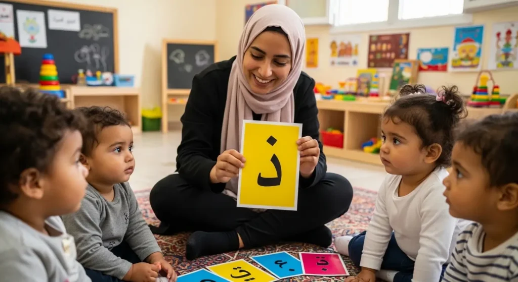 Éducatrice marocaine enseignant l'alphabet arabe à des tout-petits dans une crèche, moment de transmission culturelle et linguistique