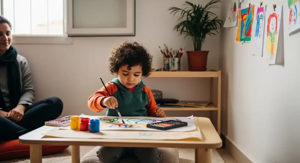 Enfant marocain créant en autonomie dans un coin art Montessori à la maison avec parent observant respectueusement