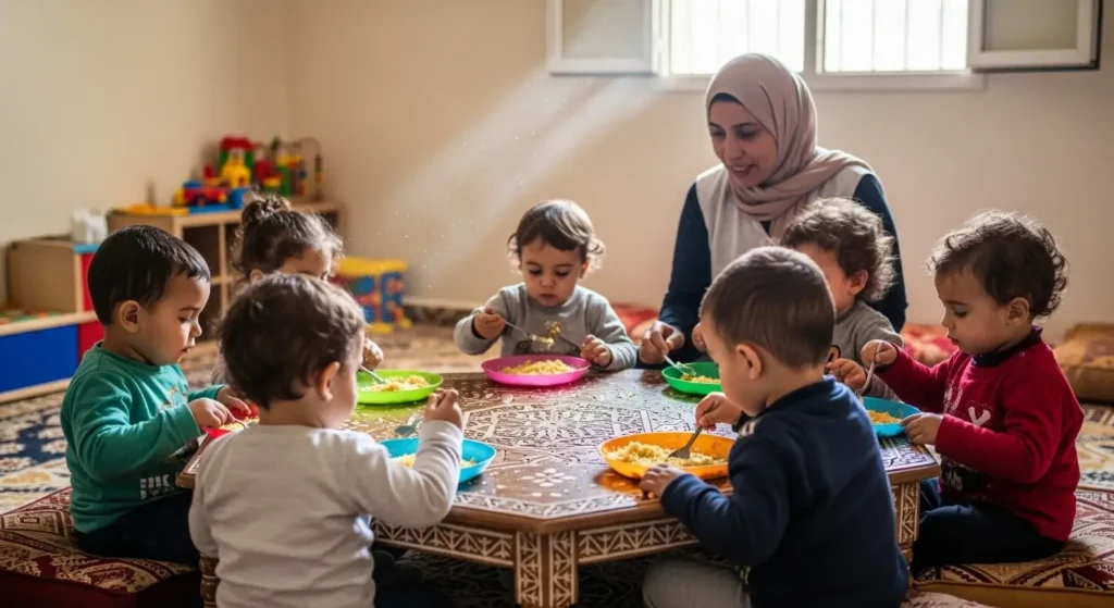 Enfants marocains partageant un repas traditionnel à la crèche sous la supervision d'une éducatrice