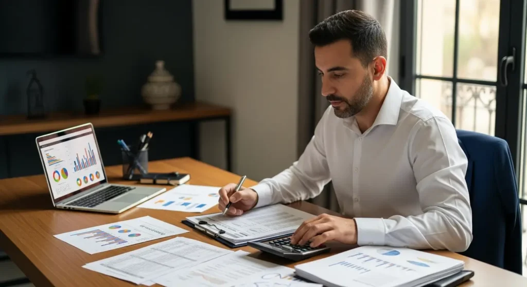 Entrepreneur marocain calculant le budget pour ouvrir une galerie d'art