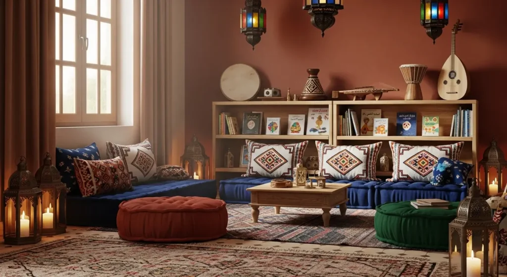 Espace de jeu d'une crèche marocaine aménagé avec des éléments culturels traditionnels, livres en arabe et instruments de musique