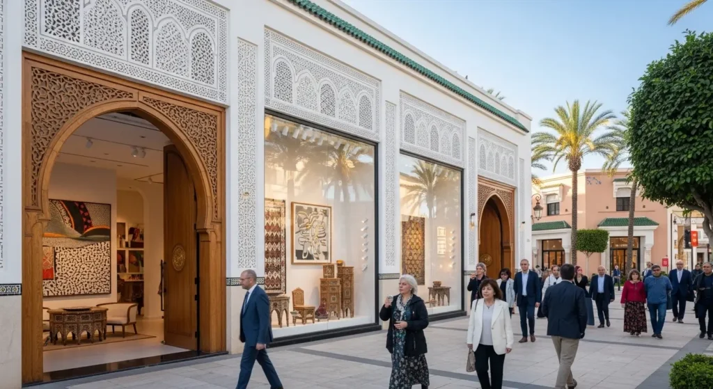Façade de local commercial idéal pour galerie d'art dans quartier prestigieux au Maroc