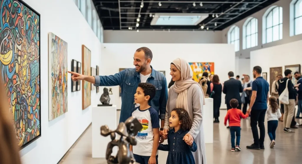 Famille marocaine visitant un musée gratuit, illustration de l'accessibilité culturelle au Maroc