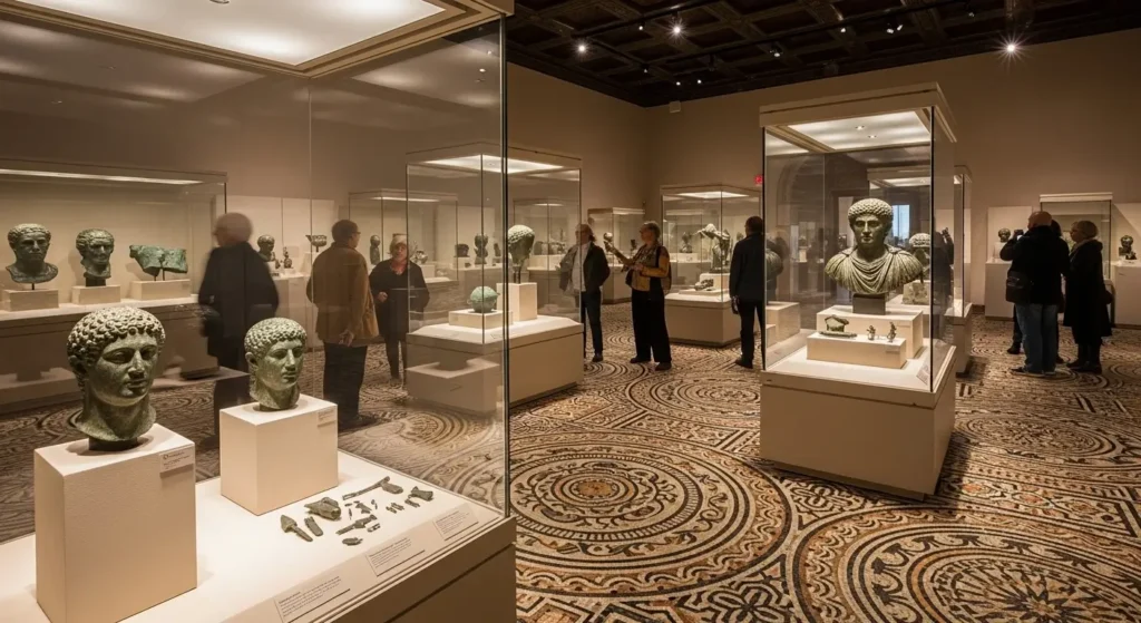 Intérieur d'un musée archéologique marocain avec sculptures romaines et mosaïques antiques exposées