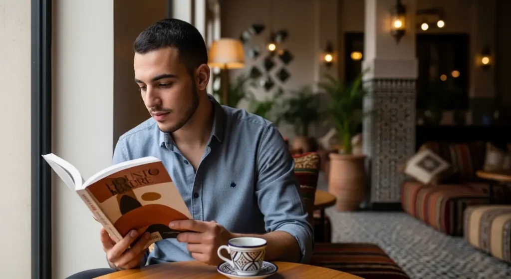 Jeune lecteur marocain lisant un livre dans un café confortable avec lumière naturelle