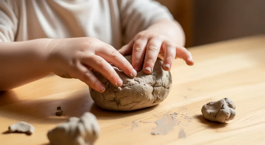 Mains d'enfant manipulant de l'argile naturelle en crèche Montessori - développement sensoriel et motricité fine