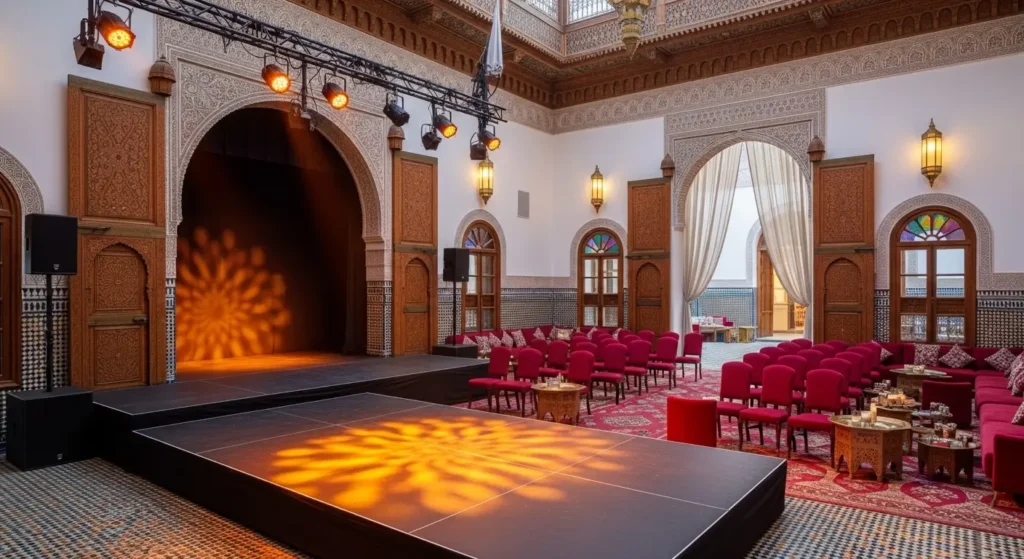 Salle d'événement culturel au Maroc avec architecture traditionnelle et équipements modernes