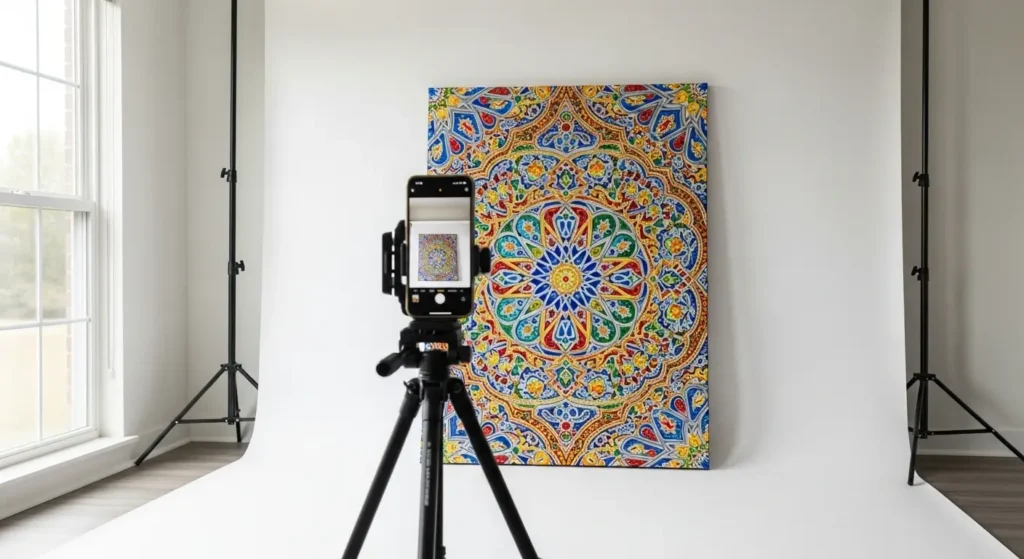 Setup photo professionnel œuvre d'art avec smartphone - vendre art en ligne