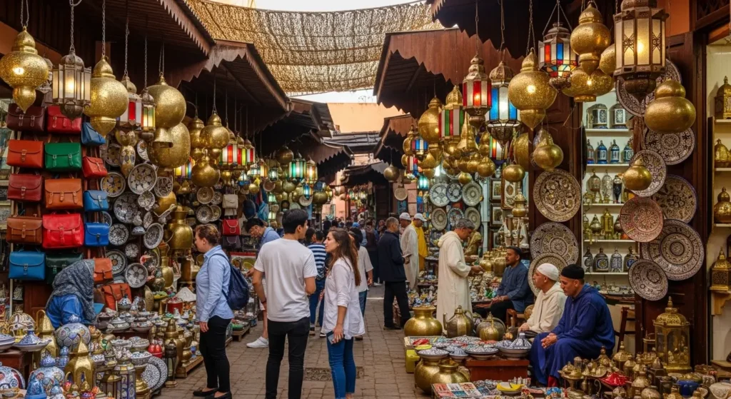 Souk de Marrakech avec artisanat marocain traditionnel cuir, céramique et lanternes