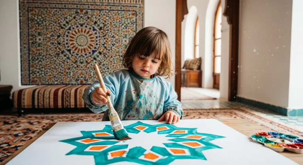 Tout-petit peignant des motifs géométriques inspirés du zellige marocain