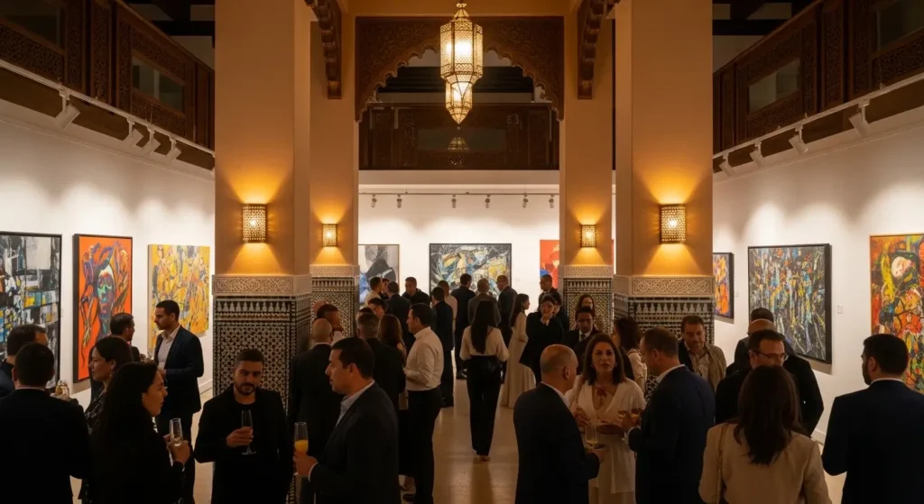 Vernissage d'ouverture d'une galerie d'art au Maroc avec collectionneurs et amateurs d'art