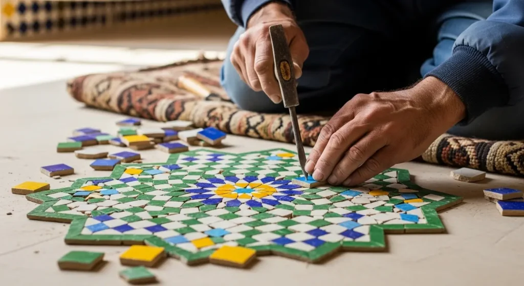 Artisan marocain taillant des carreaux de zellige pour créer un motif géométrique