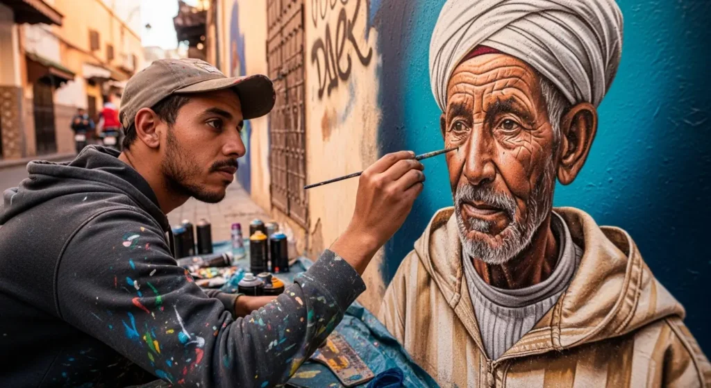 Artiste marocain peignant un portrait hyperréaliste sur un mur urbain