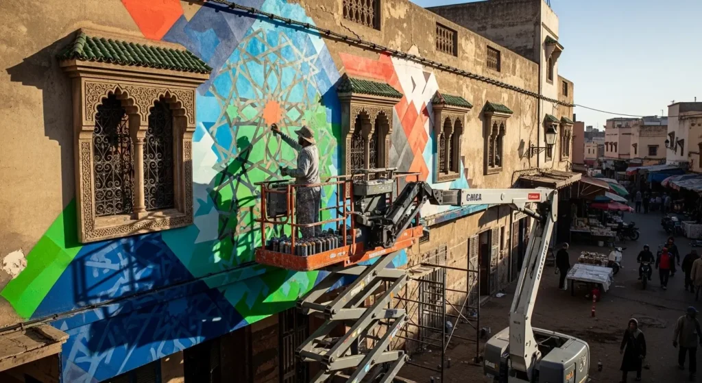 Artiste street art sur nacelle élévatrice en train de peindre une fresque à Rabat