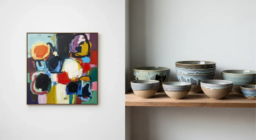Comparaison entre une peinture dans une galerie et des bols en céramique faits main