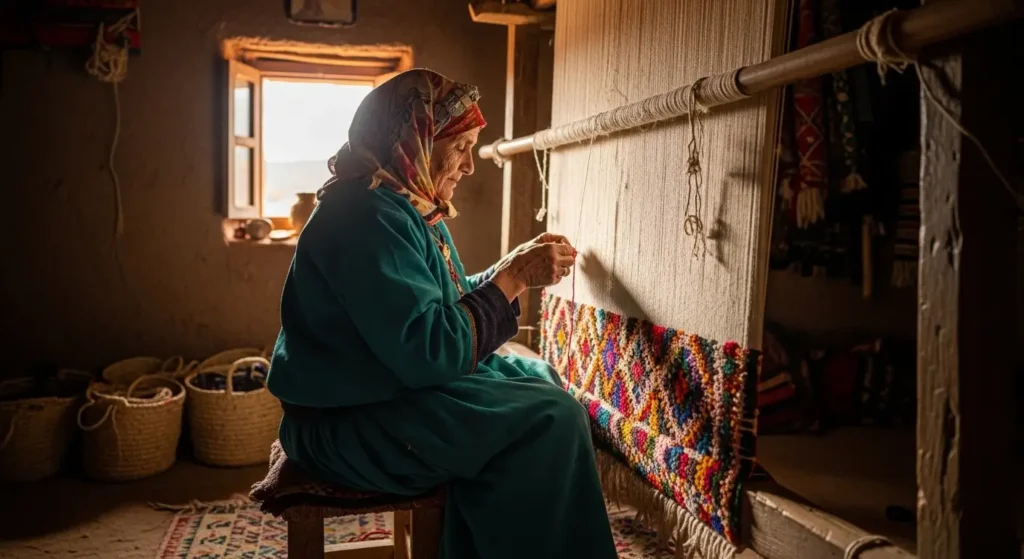 Femme amazighe tissant un tapis traditionnel sur un métier à tisser dans l'Atlas