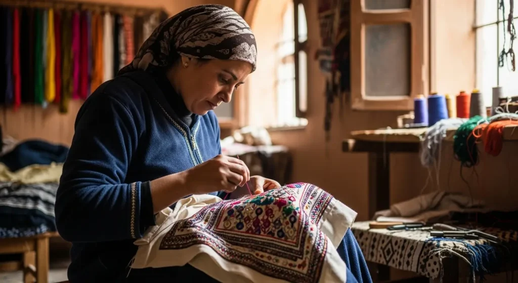 Femme marocaine brodant des fils de soie colorés dans un atelier traditionnel