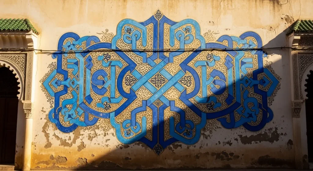 Fresque de calligraphie arabe géométrique aux couleurs vives sur un mur de Rabat