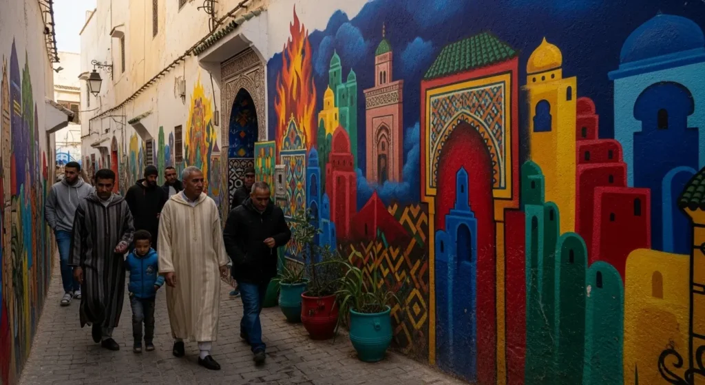 Mur peint dans un quartier populaire de Rabat avec des habitants