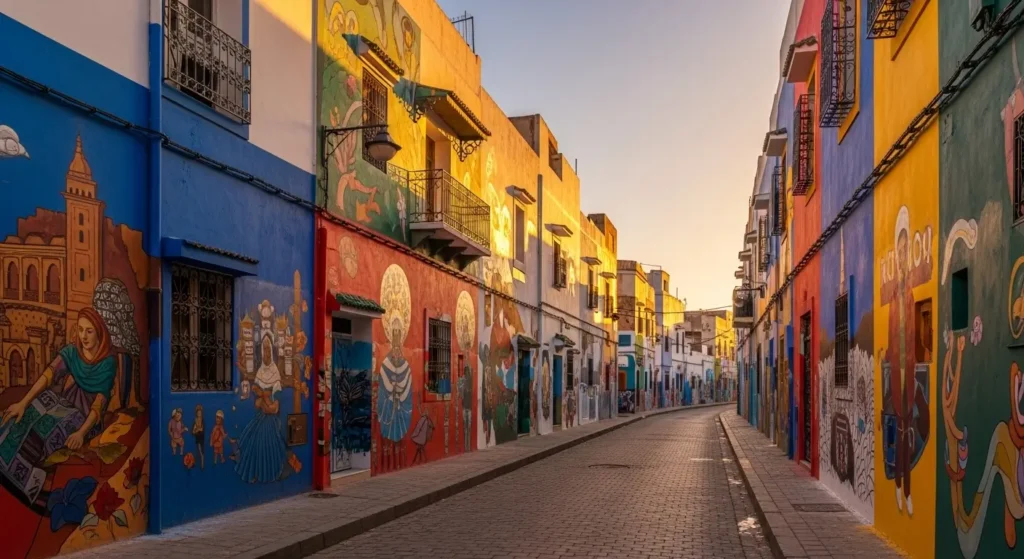 Vue panoramique d'une rue de Rabat avec plusieurs fresques murales colorées